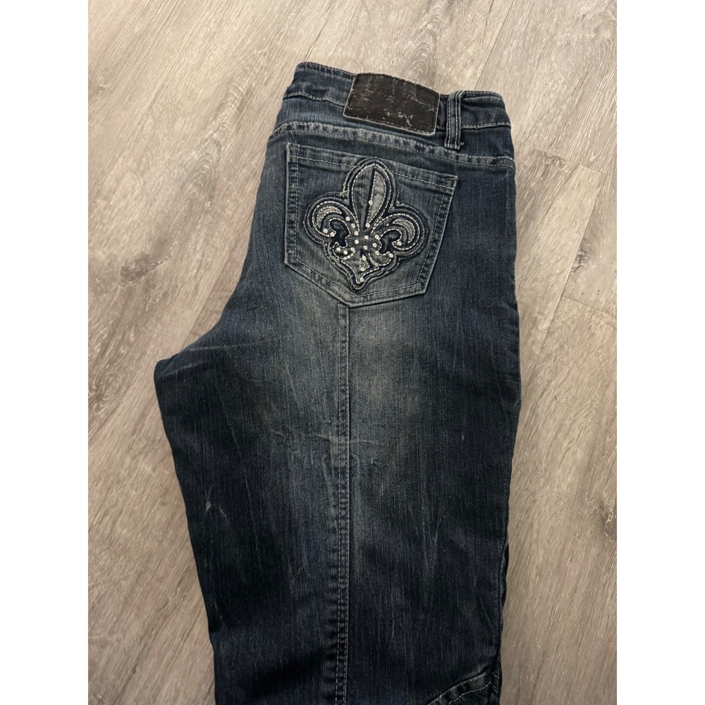 Y2kDiva Fleur De Lis Rhinestone Ruched Moto Skinny Jeans Dark Wash Blue Sz 26